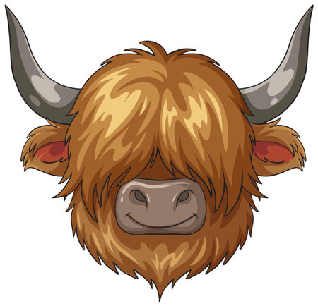 Vector illustration of a Highland cow head in cartoon style, featuring long shaggy fur, curved horns, and a friendly expression on a white backgroundのイラスト素材