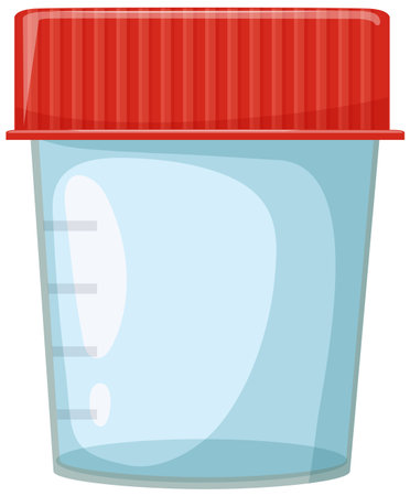 Transparent plastic specimen cup with red ribbed lid, vector illustration style, clean lines, subtle gradients, isolated on white backgroundのイラスト素材