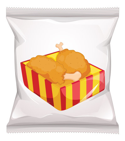 Vector illustration of a sealed snack packet with fried chicken drumsticks in a striped box, clean lines, bright colors, and simple compositionのイラスト素材