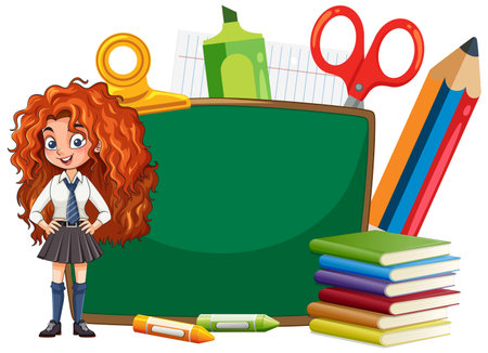 Vector illustration of a cheerful schoolgirl in uniform beside a green chalkboard, surrounded by colorful books, stationery, and large art suppliesのイラスト素材