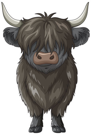 Shaggy Highland cow stands facing forward in a stylized vector cartoon style, with detailed fur texture, neutral background, and bold outlinesのイラスト素材