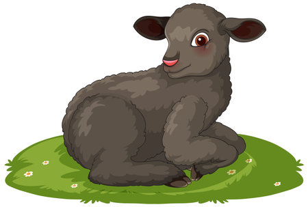 Cartoon-style black lamb with fluffy wool lying on a grassy patch, bright colors, clean vector lines, and simple floral accentsのイラスト素材