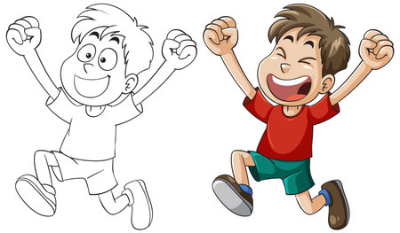A cheerful child jumps with excitement, illustrated in vibrant colors and outlined in a playful vector styleのイラスト素材