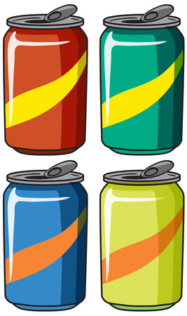 Four vibrant soda cans with dynamic stripes in a flat vector style. Bright colors and simple design enhance visual appealのイラスト素材
