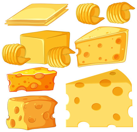 Various cheese forms including slices, blocks, wedges, and curls illustrated in bright, clean vector style with soft shadows and highlightsのイラスト素材