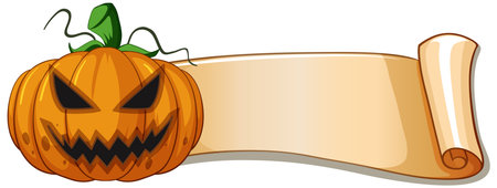 Cartoon vector of sinister jack-o'-lantern beside blank parchment scroll, vibrant colors, horizontal layout.のイラスト素材
