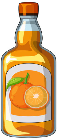 Vector of glass bottle with orange juice, labeled with whole and sliced oranges, bright colors.のイラスト素材