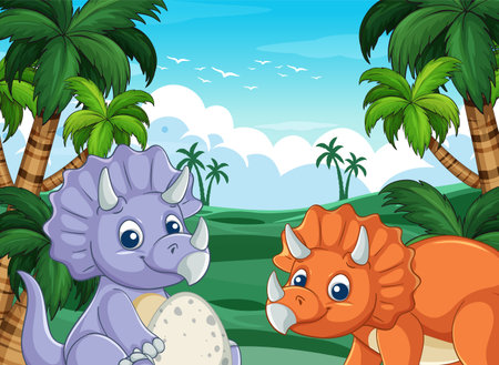 Two cartoon dinosaurs play together in a colorful jungle with palm trees and bright sky.のイラスト素材