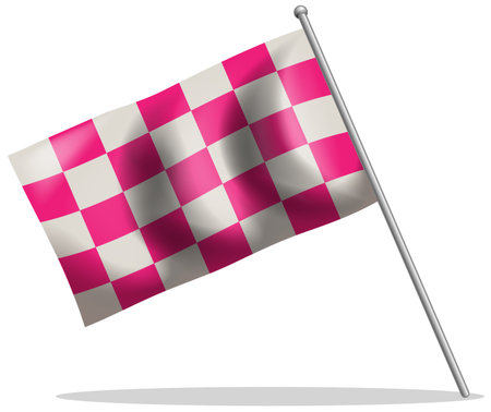 Vector illustration of pink checkered flag waving on pole, realistic shading, isolated white backgroundのイラスト素材