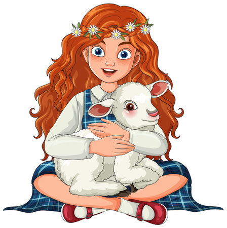 Red-haired girl with flower crown hugs white lamb, cheerful vector illustration on white background.のイラスト素材
