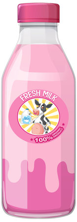 Playful vector of pink milk bottle with cartoon cow label, clean lines, pastel colors.のイラスト素材