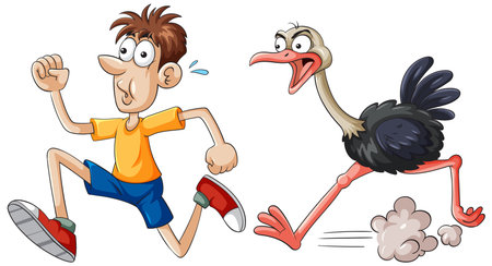 Humorous vector of a man sprinting from a colorful, exaggerated ostrich with vivid expressions.のイラスト素材