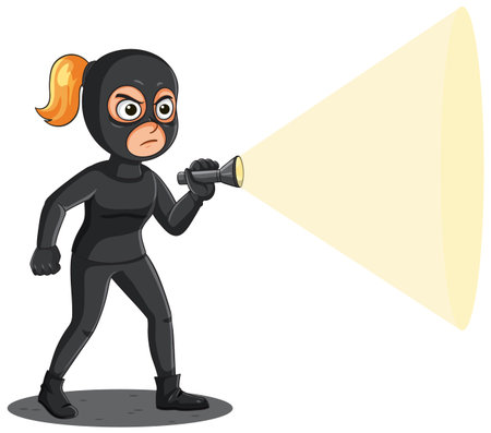 Cartoon female burglar in black outfit holding flashlight, dramatic lighting, white background, vector styleのイラスト素材