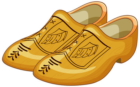 Vector illustration of classic Dutch wooden clogs, detailed carvings, warm yellow tones, isolated