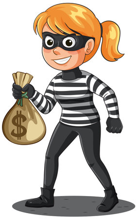 Vector cartoon of masked female thief in striped shirt, holding money bag, white backgroundのイラスト素材