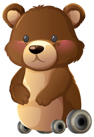 Adorable cartoon brown bear toy on wheels, soft shading, bright colors, isolated white backgroundのイラスト素材