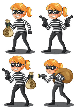 Vector illustration of cartoon female thief holding money bag, wearing mask, striped shirt, and glovesのイラスト素材