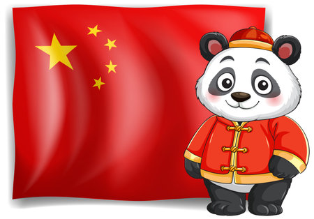 Vector illustration of a panda in red attire standing before a waving Chinese flag backgroundのイラスト素材