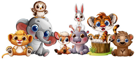 Adorable baby animals in cartoon vector style, bright colors, white background, playful compositionのイラスト素材