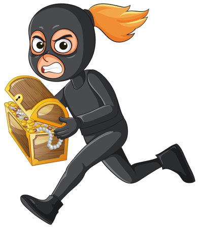 Cartoon masked thief in black suit running with open treasure chest, dynamic vector styleのイラスト素材