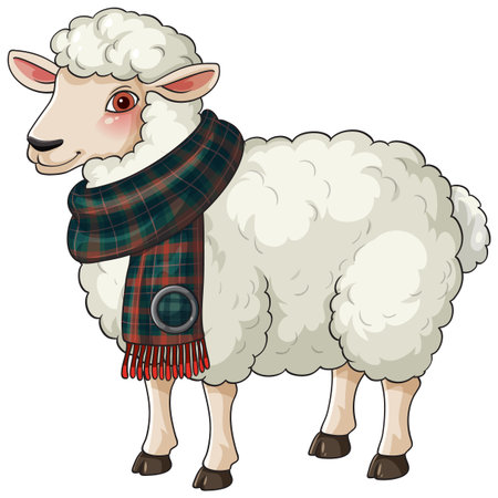 Cartoon vector of a fluffy white sheep in green tartan scarf, clean colorful style, isolated.のイラスト素材