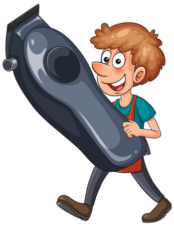 Smiling cartoon barber holding giant hair clipper, colorful vector style, white backgroundのイラスト素材