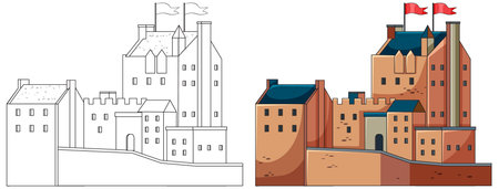 Vector illustration of a traditional Scottish castle with red flags, shown in outline and color.のイラスト素材