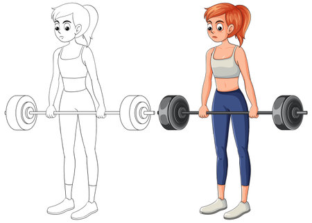 Cartoon-style vector of woman lifting barbell, colored and outline versions, clean white backgroundのイラスト素材