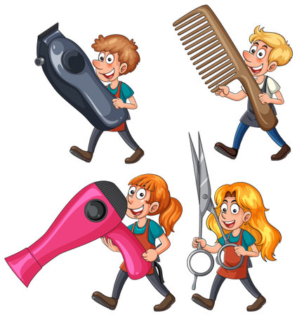 Four cartoon hairdressers walk holding giant scissors, comb, hairdryer, and electric clipperのイラスト素材