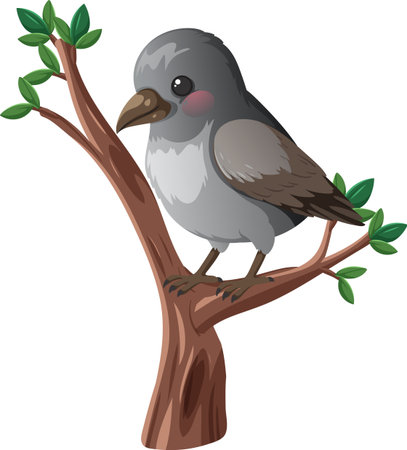 Vector illustration of gray bird with pink cheeks sitting on leafy tree branch, white backgroundのイラスト素材