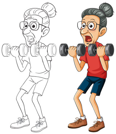 Senior woman exercising with dumbbells, colored and outline versions, cartoon vector illustration, white backgroundのイラスト素材