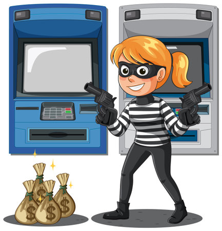 Cartoon female thief holding guns, striped outfit, standing by ATMs with money bags, flat vectorのイラスト素材