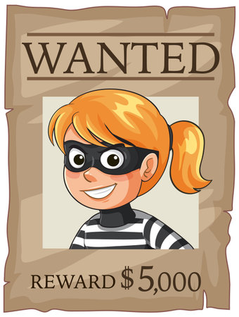 Vector illustration of wanted poster showing masked female thief, cartoon style, brown paper backgroundのイラスト素材
