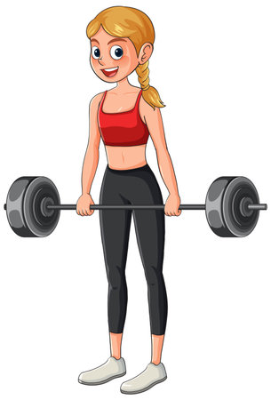 Cartoon woman in red sportswear lifting barbell, clean white background, flat vector styleのイラスト素材