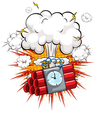 Comic-style vector of dynamite bundle with timer exploding, bold lines, bright colors, dramatic effects.のイラスト素材