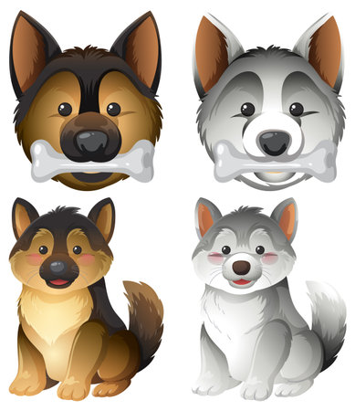 Cute cartoon German Shepherd and Husky dogs with bones, bright colors, and glossy highlightsのイラスト素材