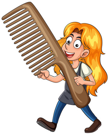 Cartoon hairdresser with long orange hair walking, holding a giant brown comb, white backgroundのイラスト素材