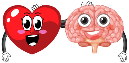 Vector illustration of happy heart and brain characters with expressive faces, bright colors, simple styleのイラスト素材