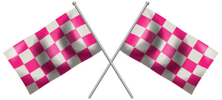 Vector illustration of two crossed pink and white checkered flags with metallic flagpoles, isolatedのイラスト素材
