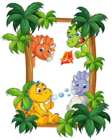 Whimsical cartoon dinosaurs with playful expressions in vibrant, lush jungle foliage vector illustration.のイラスト素材
