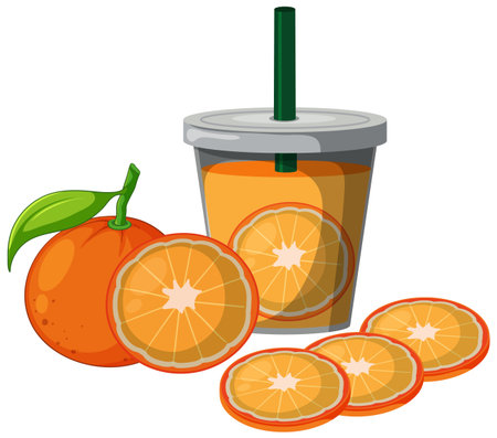 Bright vector illustration of orange juice cup, whole orange, and citrus slices, flat styleのイラスト素材