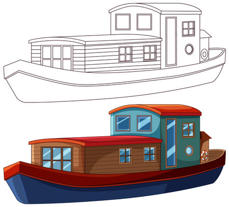 Modern houseboat illustration in vector style, showing both outline and fully colored versionsのイラスト素材