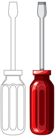 Flathead screwdriver with red handle, side-by-side outline and colored vector, clean digital styleのイラスト素材