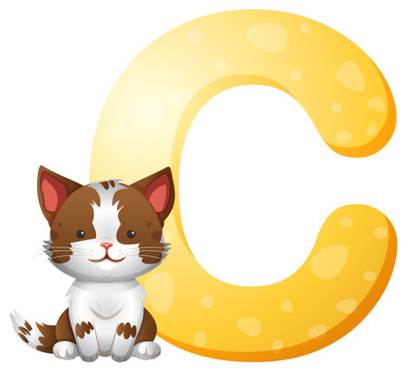 Cute cartoon cat with brown spots sits next to a bold, yellow letter C illustrationのイラスト素材