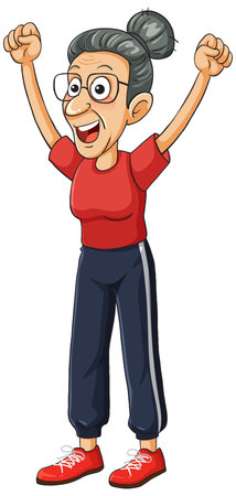Cartoon elderly woman in sportswear, arms raised, smiling, energetic, isolated on white backgroundのイラスト素材