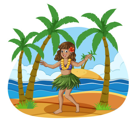 Smiling hula dancer in grass skirt holding surfboard, tropical beach, palm trees, cartoon vectorのイラスト素材