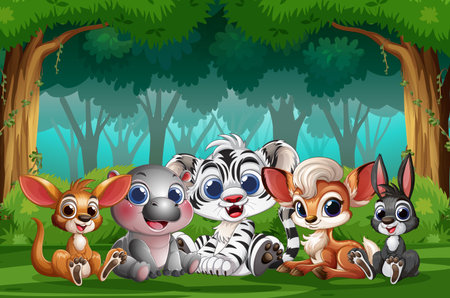 Five cartoon baby animals with big eyes sitting on grass in a vibrant jungle backgroundのイラスト素材