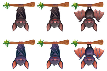 Six cute cartoon bats hanging upside down, wings open and closed, on wooden branchesのイラスト素材