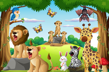 Colorful vector illustration of various jungle animals in bright, playful cartoon style, daylight settingのイラスト素材