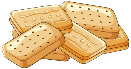 Vector illustration of five golden rectangular shortbread biscuits overlapping in a pile, isolated on white.のイラスト素材